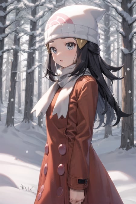 masterpiece, best quality, <lora:DawnLora:0.7>, dawn \(pokemon\), forest, pine tree, snow, red coat, white headwear, white scarf, beanie