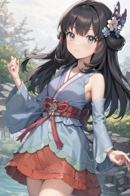 masterpiece, best quality, <lora:DawnLora:0.7>, dawn \(pokemon\), japanese clothes, hair ornament, blue kimono, red skirt, detached sleeves, long sleeves, bare shoulders, skirt under kimono, 