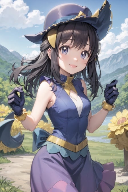 masterpiece, best quality, <lora:DawnLora:0.7>, dawn \(pokemon\), hat, blue headwear, hat bow, blue gloves, blue shirt, purple skirt, sleeveless, smile