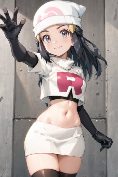 masterpiece, best quality, <lora:DawnLora:0.7>, dawn \(pokemon\), team rocket uniform, white jacket, cropped jacket, white skirt, glare, smile, white headwear, beanie, black gloves, elbow gloves, black thighhighs, 