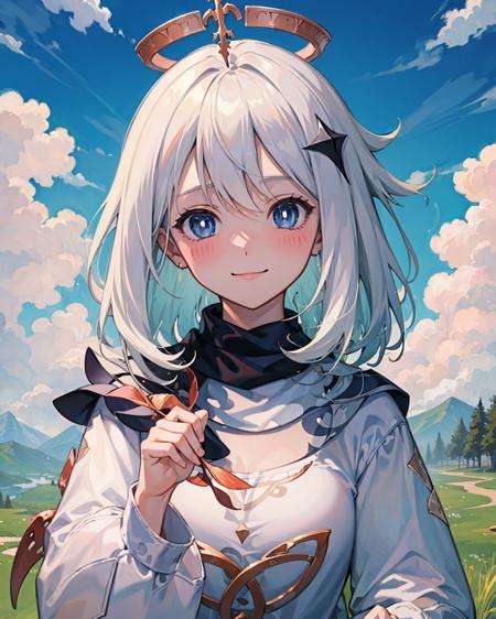 ((illustration)),(((masterpiece))),((best quality)),(High resolution), hignity 8k wallpaper,(beautiful detailed eyes),(highres), reflective hair,<lora:paimon-000004:1>, paimondef, standing, upper body, smile, blush, outdoors, day, simple background, blue sky, sky, temple, looking at viewer, moody lighting, facing viewer,look at viewer