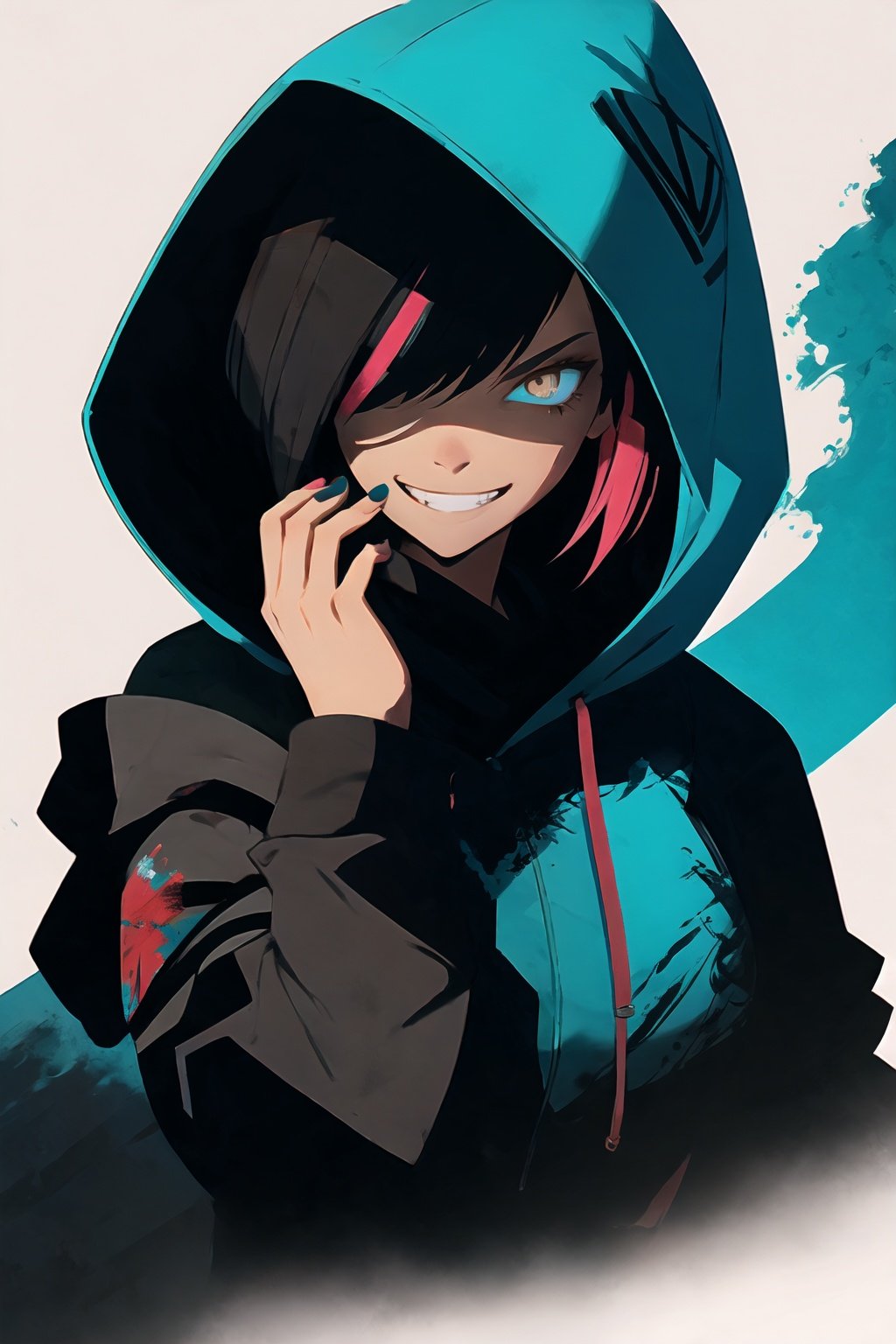 style of Simon Prades, girl, upper body, asymmetrical bob, hoody on, painted nails, smug grin, minimalistic, Illustration, Character Design, Ink, thematic background, ambient enviroment, epic