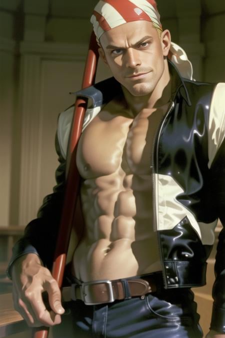 billykane, medium shot, 1guy, male,bandana, jacket, denim pants, belt, muscular, holding staff, smirk, arrogant, confident, at a very fancy mafia office <lora:BillyKane-000005:1>detailed eyes, best quality, masterpiece, highres, perfect picture, highly detailed, high contrast , digital colors, bright colors