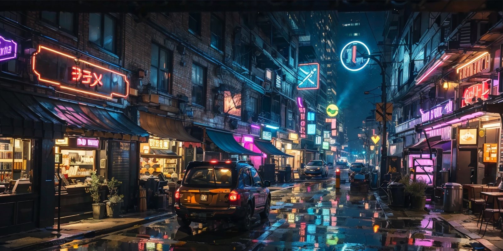 (masterpiece:1.2), best quality,fantasy,letterboxed, scenery, neon lights, outdoors, city, sign, building, night, ground vehicle <lora:UE_20230717224732-000003:0.6>