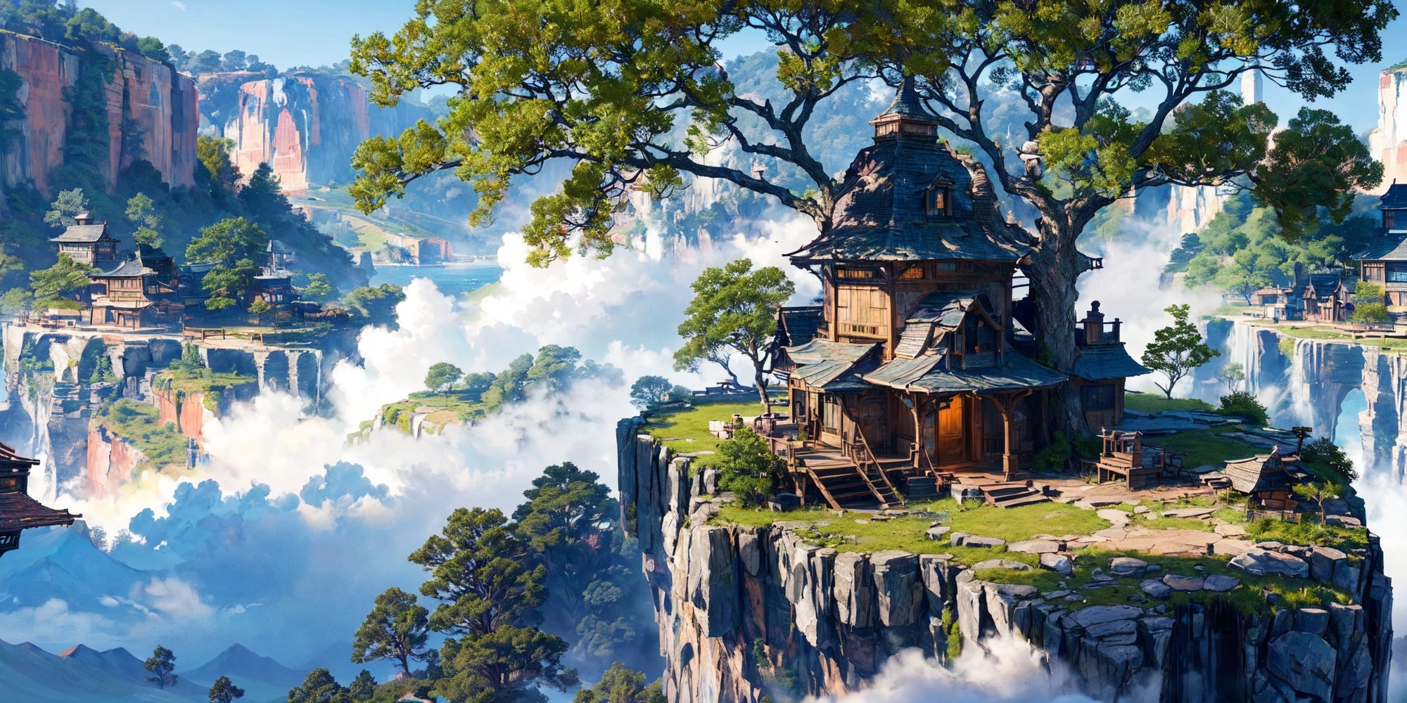 (masterpiece:1.2), best quality,fantasy,(a huge old tree on the cliff:1.2),(many tree houses are on branches:1.3),sheer, majestic cliffs,rough stone,it was thrilling,dramatic light,fog and mist, <lora:UE_20230717224732-000003:0.6>