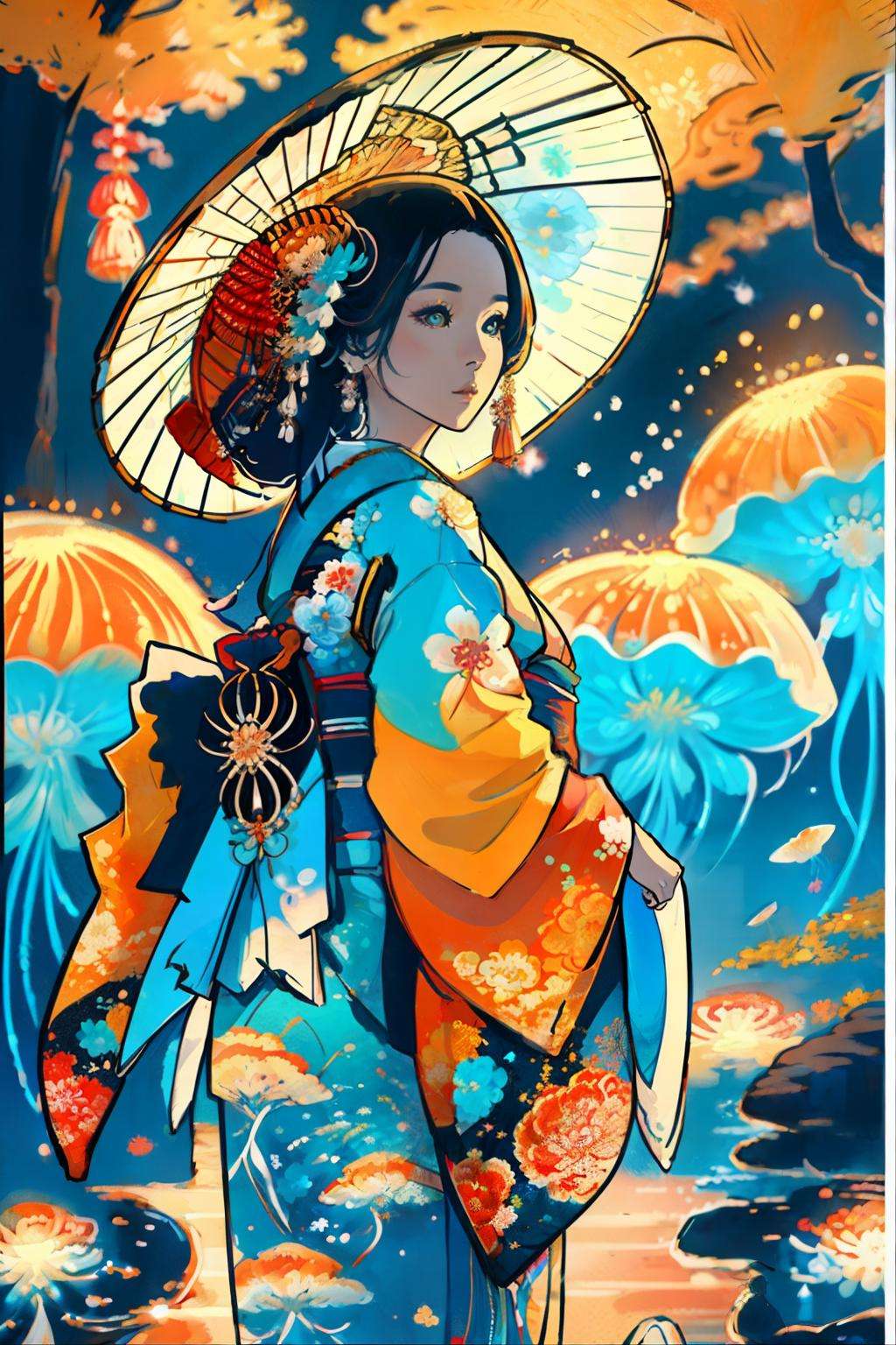 <lora:jellyfishforest:1.0> beauitful woman wearing colorful kimono in jellyfishforest, cowboy shot, solo, masterpiece, high resolution, hd, 8k, shallow depth of field