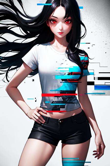 Highly detailed, High Quality, Masterpiece, beautiful, Glitching, glitch, <lora:Glitching-06:1>, 1girl, solo, red eyes, black hair, long hair, shirt, white shirt, shorts, short shorts, black shorts