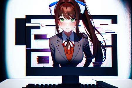 Highly detailed, High Quality, Masterpiece, beautiful, Glitching, glitch, <lora:Glitching-06:1>, solo, Monika, bangs, very long hair, long hair, neck ribbon, looking at viewer, ponytail, shirt, school uniform, hair bow, white bow, pleated skirt, brown hair, grey jacket, sidelocks, blue skirt, skirt, 1girl, breasts, blazer, green eyes, (crying, tears:1.2), horrified, <lora:Char_DDLC_Monika:0.45>, through_screen, monitor, <lora:Pos_GoingThroughScreen:0.7>