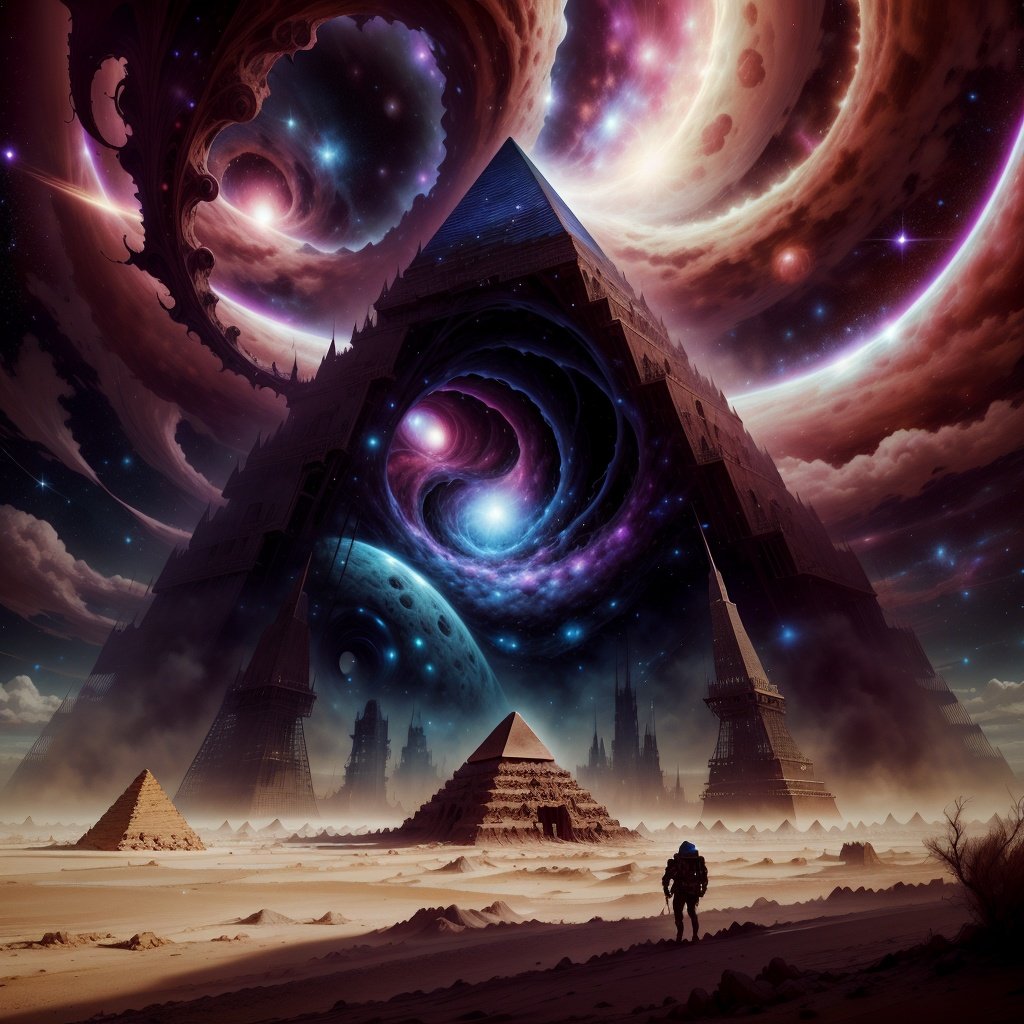 <lora:CosmicEldritchTech-20:1>,eldritchtech,cosmic,  dark energy,  desert, pyramid \(structure\)
