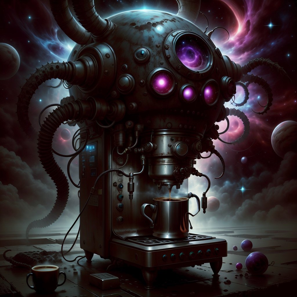 <lora:CosmicEldritchTech-20:1>,eldritchtech,cosmic,  dark energy, black coffee machine , 