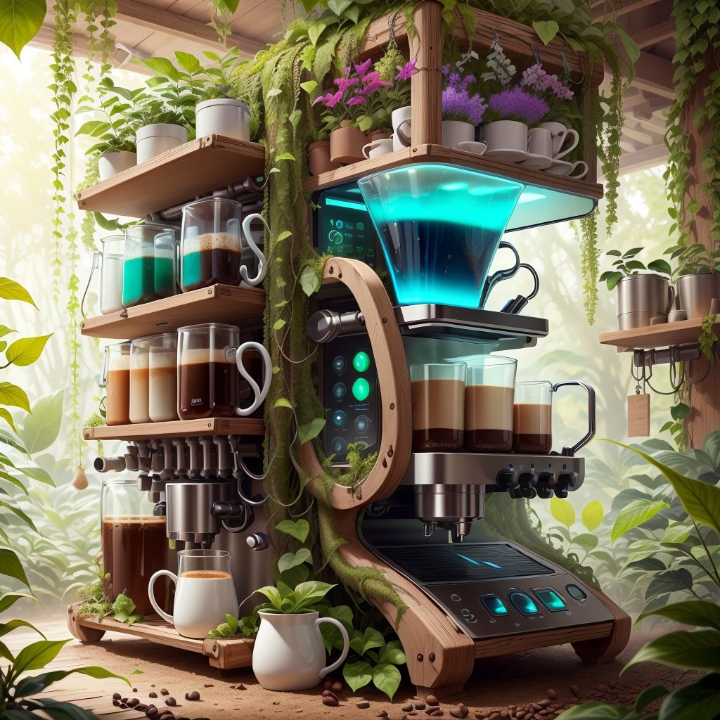 <lora:BiophyllTech-20:0.8>, biophylltech,coffee mug, coffee machine ,  glass, fully-organic, utopia,