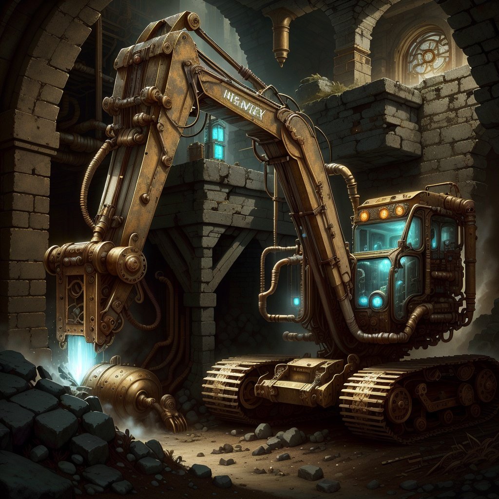 <lora:DwemerTech-21:1>, dwemertech,ancient ,brass ,clockwork, excavator underground,