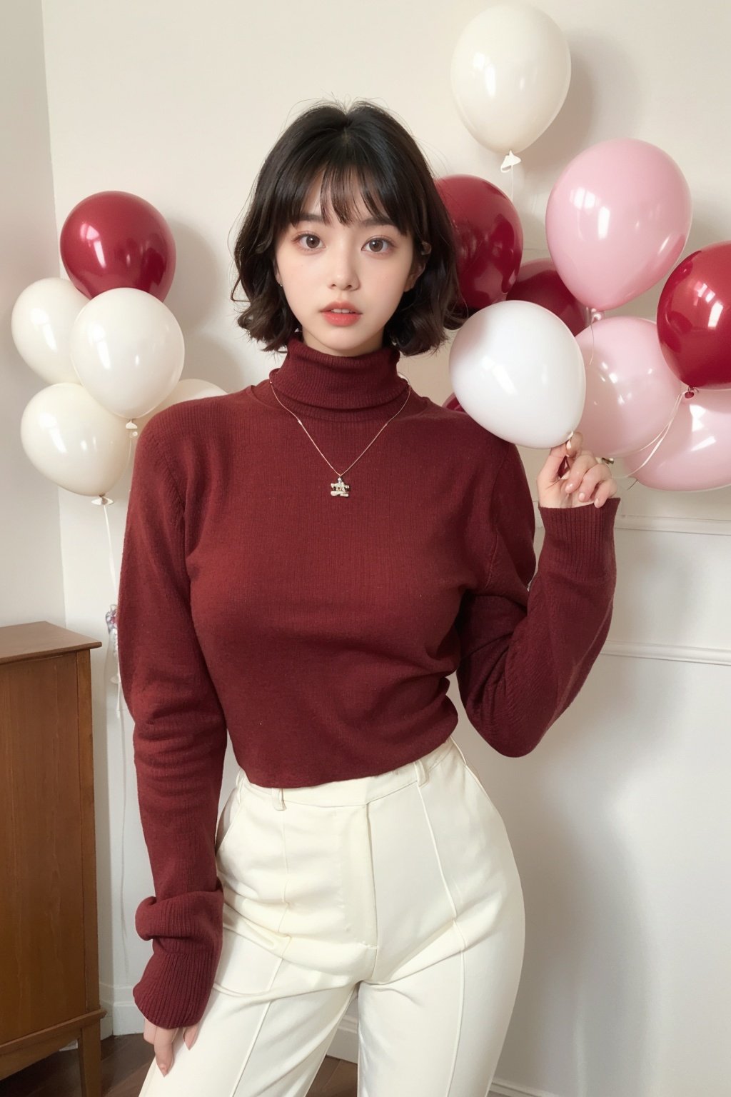 (masterpiece, best quality),fashion portrait photo of beautiful young woman from the 60s wearing a red turtleneck standing in the middle of a ton of white balloons, taken on a hasselblad medium format camera