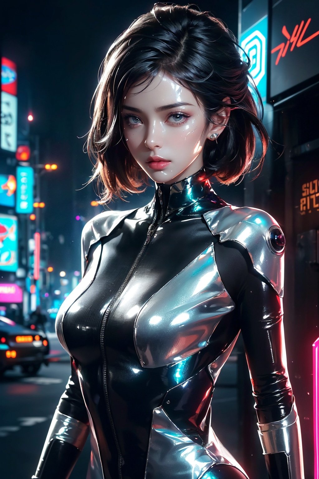 (dramatic, gritty, intense:1.4),Posters,masterpiece, best quality, 8k, insane details, intricate details, Sexy Girl, hyperdetailed, hyper quality, high detail, ultra detailed, Masterpiece, science fiction,(cyberpunk:1.3),building,1girl, solo,Patent leather,bodysuit,glowing,shiny,(shiny skin:1.7),(long legs:1.3), (Slim body:1.1), (upper body:1.2)