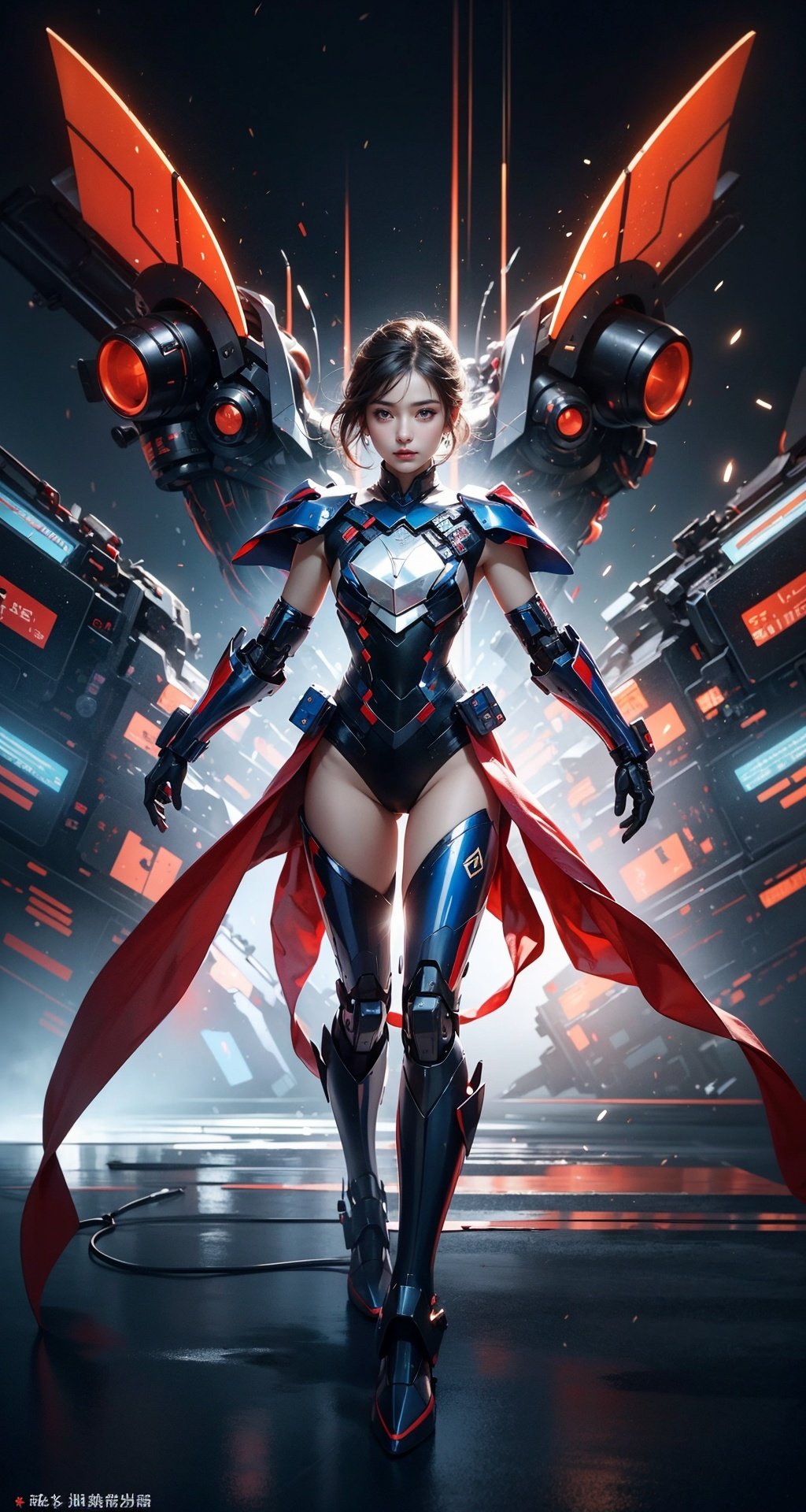 masterpiece,best quality,official art,highly realistic,1girl,full body mecha,folding fan,glass folding fan,delicate and lovely face,blue and red and white mecha,(glassy translucence:1.3),graceful poses,blink-and-you-miss-it detail,Sci-fi light effects,(Illuminated circuit board),,armor,flying hair,
