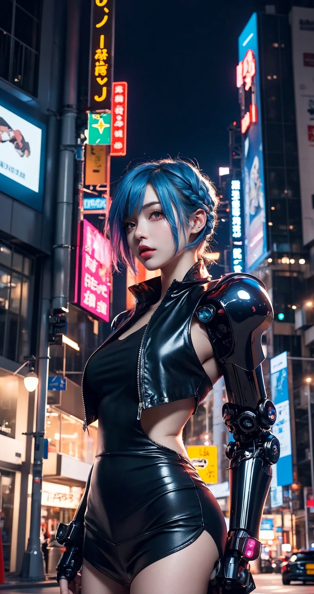 1 girl,solo,(Bright blue hair), white robot,Cyberpunk neon city night scene, from below, cowboy shot, bangs, (looking at viewer),Robot girl,