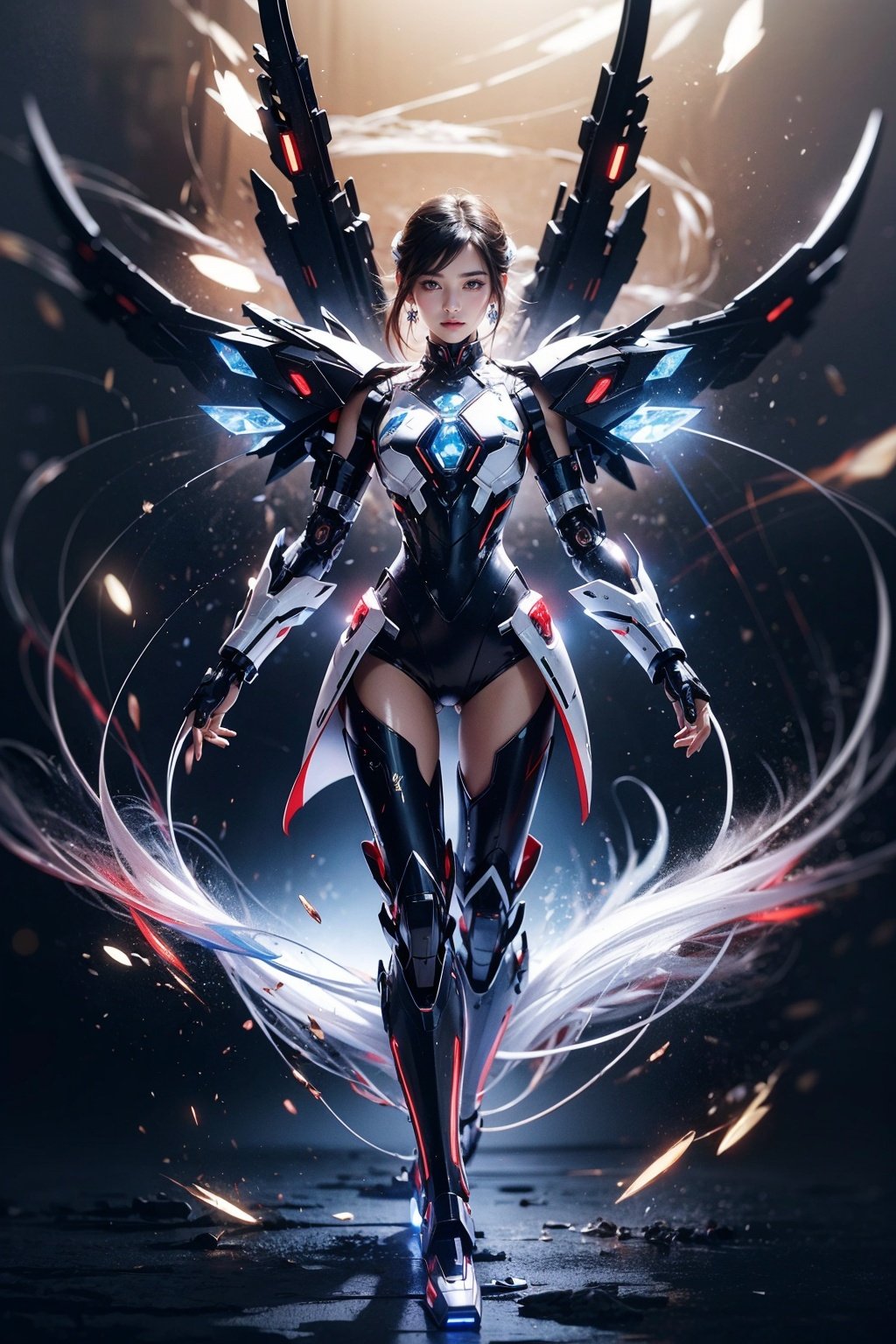 masterpiece,best quality,official art,highly realistic,1girl,full body mecha,folding fan,glass folding fan,delicate and lovely face,blue and red and white mecha,(glassy translucence:1.3),graceful poses,blink-and-you-miss-it detail,Sci-fi light effects,(Illuminated circuit board),,armor,flying hair,
