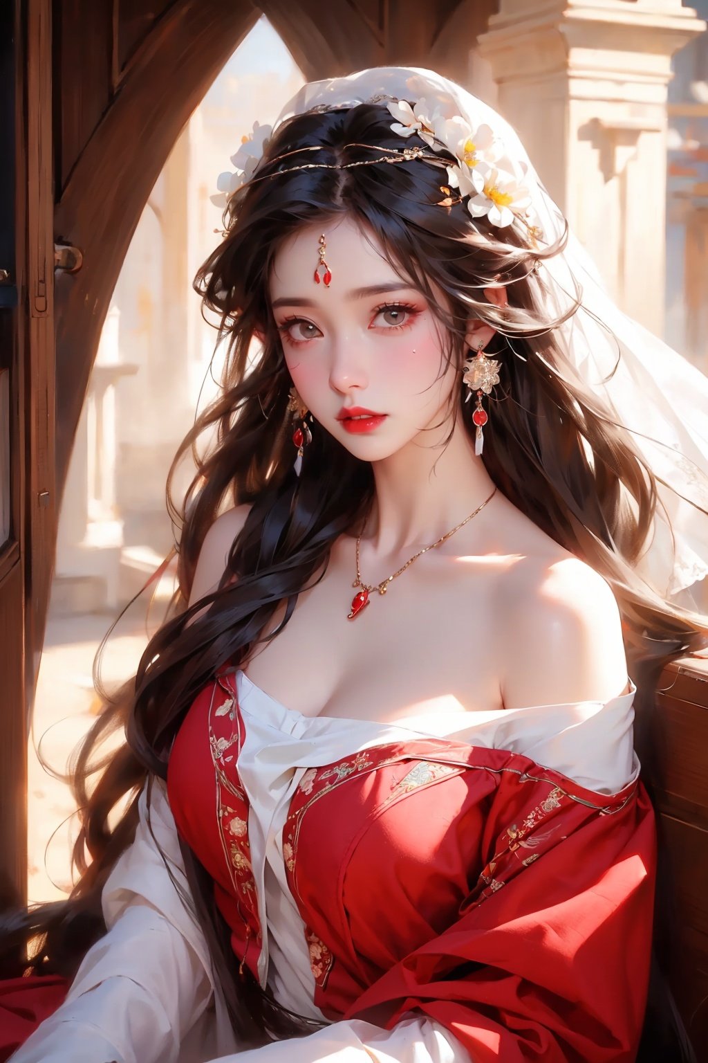  1 girl, jewelry, solo, earrings, long hair, forehead markings, black hair, necklace, bare shoulders, flowers, red lips, hair flowers, upper body, skirt, off shoulder, facial markings, head down, makeup, lips, candles, collarbones, long sleeves, tears streaming down, crying, Tyndall effect, 8k, large aperture, masterpiece of the century, sit, maple leaf, doorway, corridor, Sun on face,