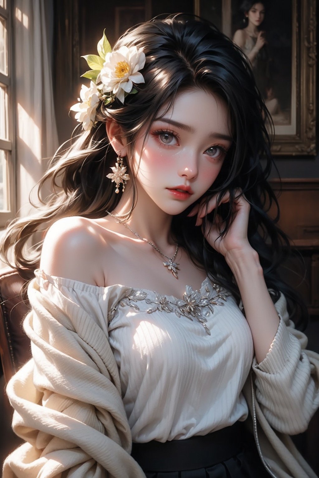 1 girl, jewelry, solo, earrings, long hair, forehead markings, black hair, necklace, bare shoulders, flowers, red lips, hair flowers, upper body, skirt, off shoulder, facial markings, head down, makeup, lips, candles, collarbones, long sleeves, tears streaming down, crying, Tyndall effect, 8k, large aperture, masterpiece of the century, sit, maple leaf, doorway, corridor, Sun on face,