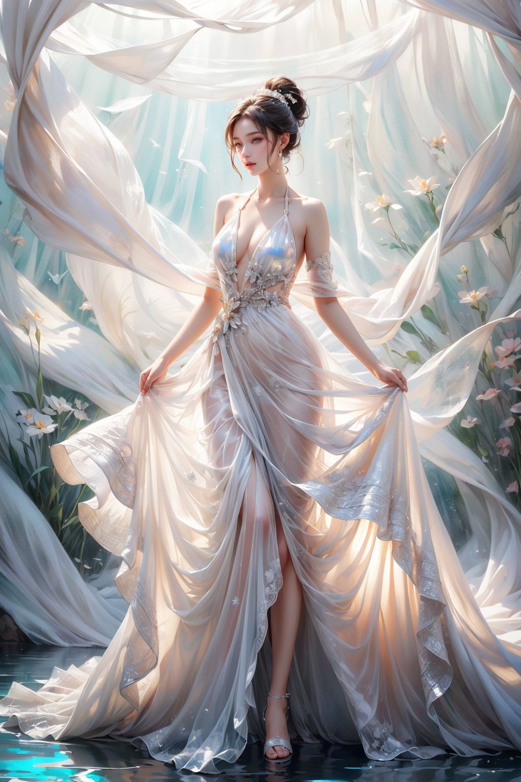 High quality, masterpiece, wallpaper, A beautiful woman is surrounded by a water ring, (translucent white gauze dress: 1.3), (bikini: 1.3), ponytail, walking, splashing water, fantasy, xiqing,sparkling dress