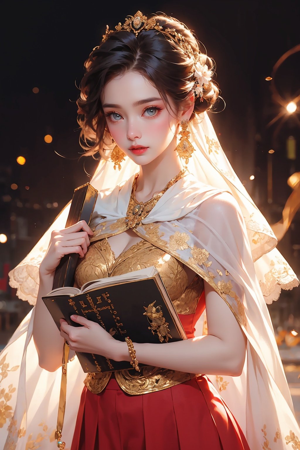 Girl, red skirt, white shawl, antique style earrings, golden puppets, holding ancient books, 8K, eyebrow stickers, RAW, best quality, masterpiece, super high resolution, best quality, beautiful cold light, contour light, hair light, focus eyes,
