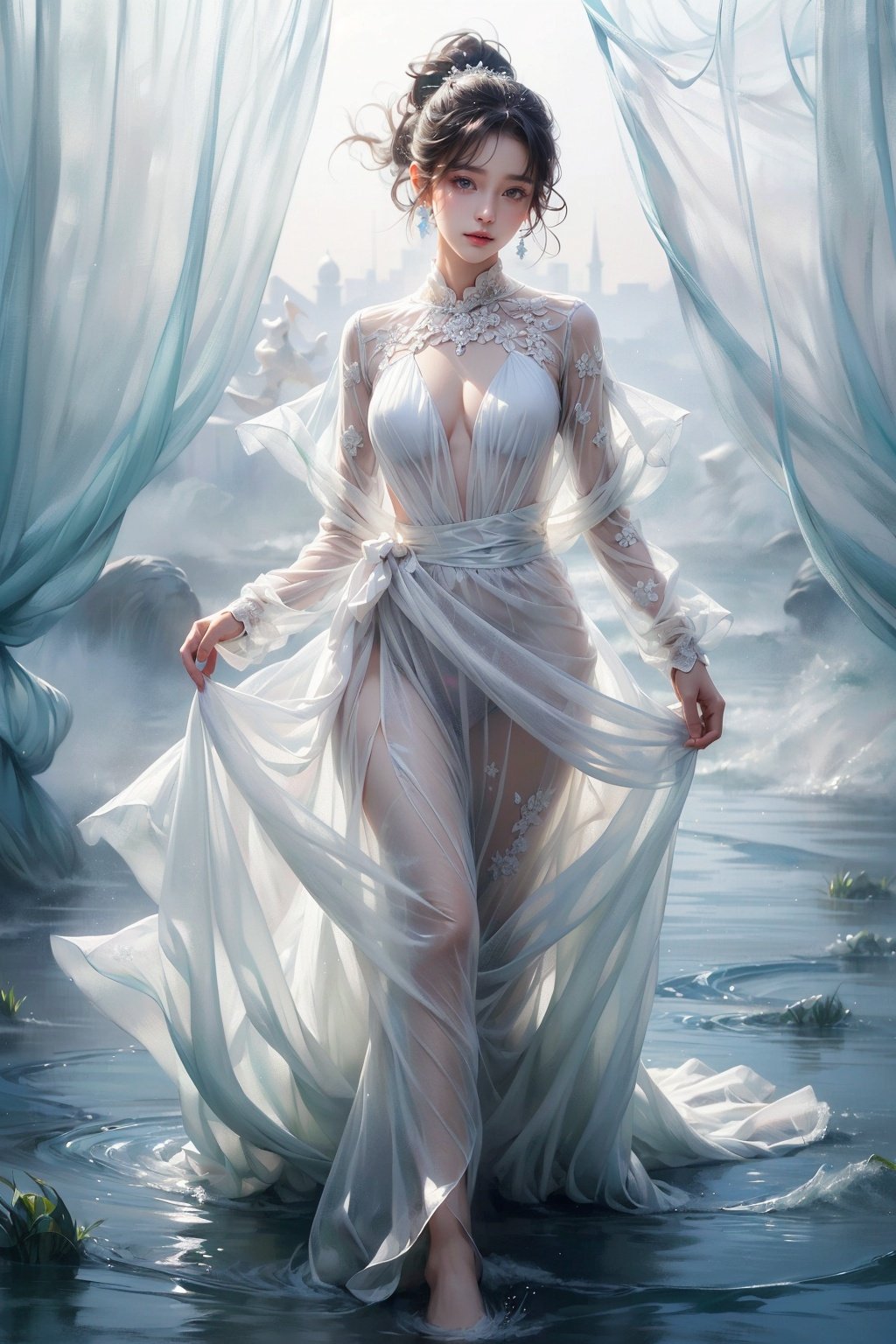High quality, masterpiece, wallpaper, A beautiful woman is surrounded by a water ring, (translucent white gauze dress: 1.3), (bikini: 1.3), ponytail, walking, splashing water, fantasy, xiqing
