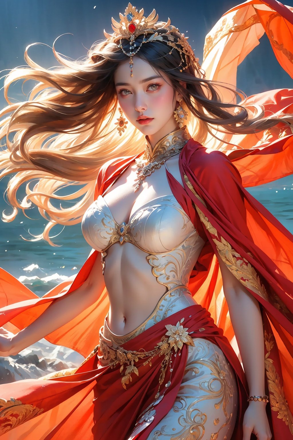 Luxury, beautiful, ultra realistic, ultra clear image quality, 8k, exquisite landscape background, king in the world, domineering empress, enchanting figure, hand placed behind, background with Holy Light Rune flashing, immortal aura diffuse, soft light. The water below shimmered with light. The other shore flower has a large chest, a navel exposed, and black stockings. Official art, unit 8K wallpaper, ultra detailed, beautiful and aesthetically pleasing, masterpiece, best quality, very detailed, dynamic angle, paper skin, radius, radiance, chaotic and most beautiful form, elegant, fauvism design, visual color, romanticism, divine realm In a painting, a girl wearing a fiery red robe stands gracefully. Her clothing reflects the intensity of the flames, and her presence radiates strength. (Masterpiece, best quality, more details, vertical, realistic, realistic, one detail, clear focus, movie lighting), ray tracing, ultra wide angle, 4K, award-winning,yuyao, Fashion Style