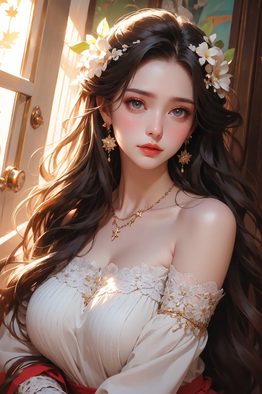  1 girl, jewelry, solo, earrings, long hair, forehead markings, black hair, necklace, bare shoulders, flowers, red lips, hair flowers, upper body, skirt, off shoulder, facial markings, head down, makeup, lips, candles, collarbones, long sleeves, tears streaming down, crying, Tyndall effect, 8k, large aperture, masterpiece of the century, sit, maple leaf, doorway, corridor, Sun on face,