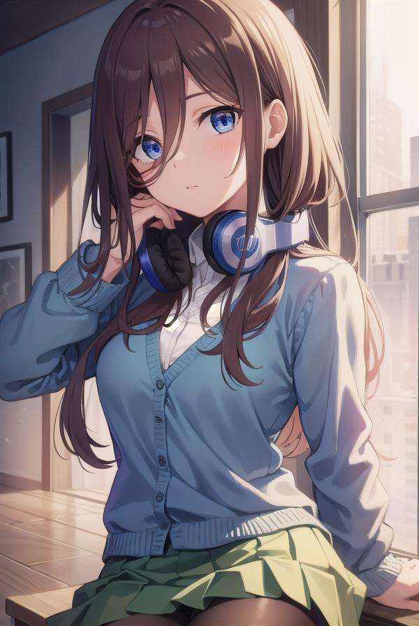 mikunakano, <lora:mikunakanotest:1>, miku nakano, long hair, bangs, blue eyes, brown hair, shirt, hair between eyes, headphones, cardigan, headphones around neck,BREAK skirt, shirt, long sleeves, white shirt, pantyhose, pleated skirt, black pantyhose, cardigan, green skirt, blue cardigan,BREAK indoors, classroom,BREAK looking at viewer, BREAK <lora:GoodHands-vanilla:1>, (masterpiece:1.2), best quality, high resolution, unity 8k wallpaper, (illustration:0.8), (beautiful detailed eyes:1.6), extremely detailed face, perfect lighting, extremely detailed CG, (perfect hands, perfect anatomy),