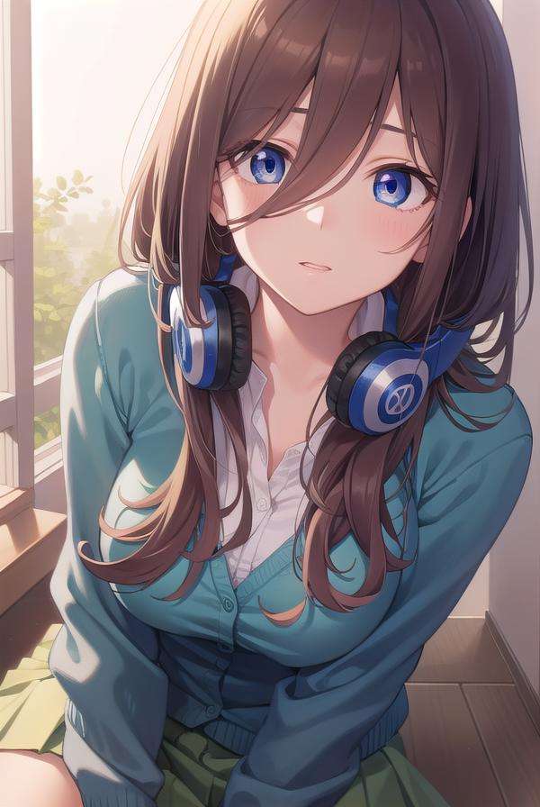 mikunakano, <lora:mikunakanotest:1>, miku nakano, long hair, bangs, blue eyes, brown hair, shirt, hair between eyes, headphones, cardigan, headphones around neck,BREAK skirt, shirt, long sleeves, white shirt, pantyhose, pleated skirt, black pantyhose, cardigan, green skirt, blue cardigan,BREAK indoors, classroom,BREAK looking at viewer, BREAK <lora:GoodHands-vanilla:1>, (masterpiece:1.2), best quality, high resolution, unity 8k wallpaper, (illustration:0.8), (beautiful detailed eyes:1.6), extremely detailed face, perfect lighting, extremely detailed CG, (perfect hands, perfect anatomy),