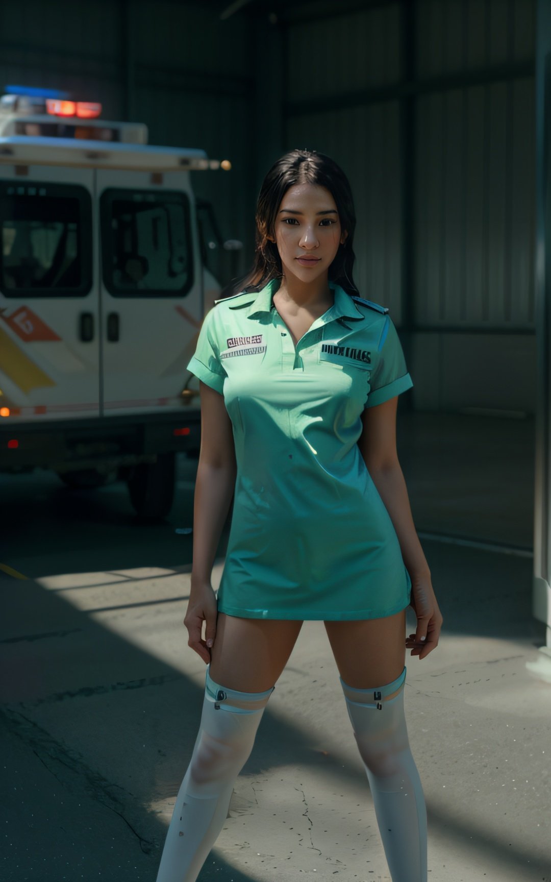 female dressed as paramedic, gorgeous, flirting, attractive, ambulance in background, (((full body visible))), looking at viewer, portrait, photography, detailed skin, realistic, photo-realistic, 8k, highly detailed, full length frame, High detail RAW color art, piercing, diffused soft lighting, shallow depth of field, sharp focus, hyperrealism, cinematic lighting, <lora:4nya_V2-000002:0.8>
