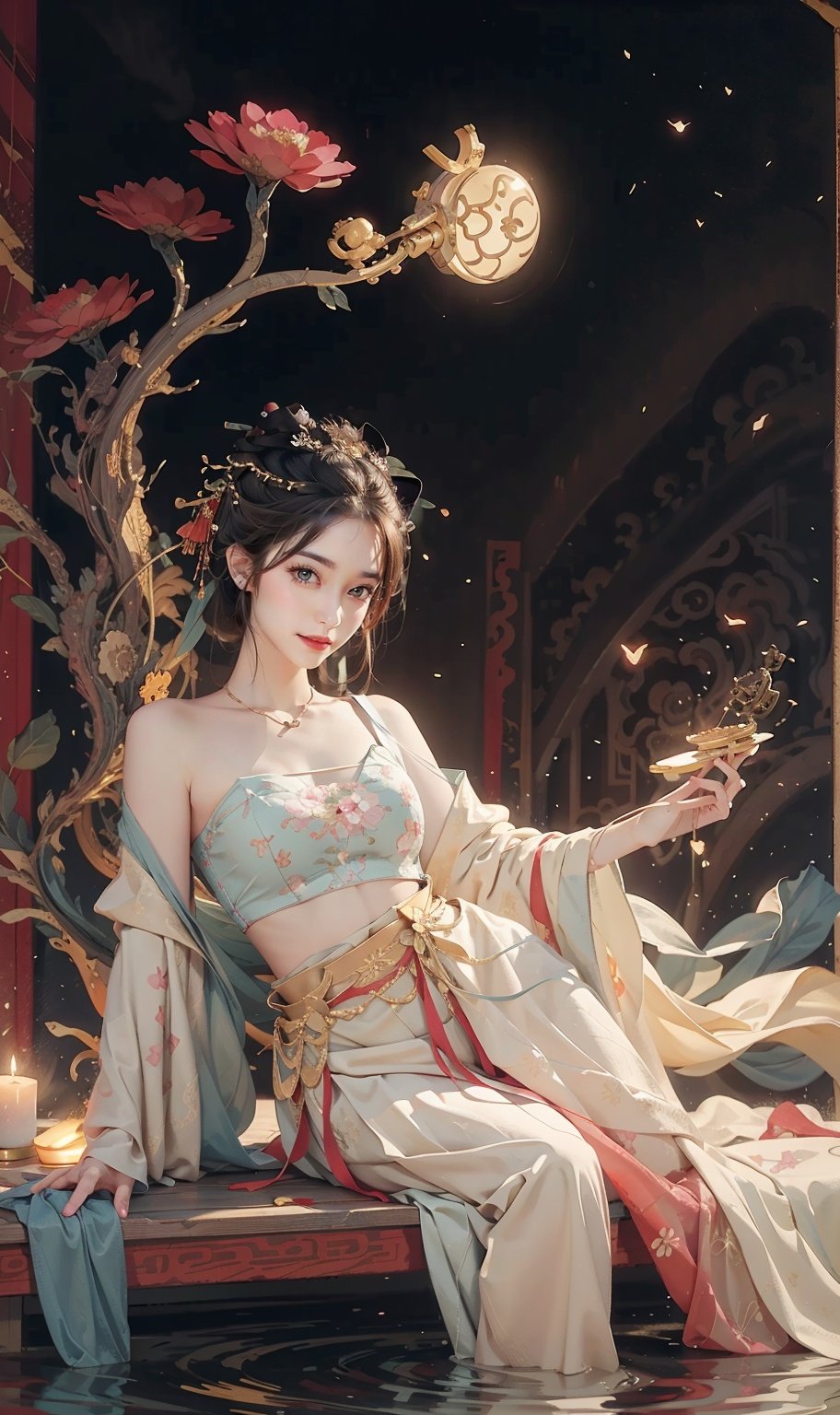 (bare shoulders:0.85), (1girl:1.4),solo,((tattoo:1.1)), ((leg show:1.3)),(white race skin color:1.3),(a woman sitting on a flower field bench,palace,a girl in hanfu,instagram competition champion,in the water all the way to the shoulder,stand gracefully on the lotus,inspired by hua yan,high priestess tarot,complete cosplay,fairy),ink painting,(moon:1),(masterpiece,highest quality,the best quality,official art,beauty and aesthetics:1.2),extremely detailed,(chinese style:1.2),theatre dance scene,(super maximization:1.5),rich color,highest detail,pink flowers,(Glowing ambiance, enchanting radiance, luminous lighting, ethereal atmosphere, mesmerizing glow, evocative hues, captivating coloration, dramatic lighting, enchanting aura),((nipples:1)),
,DUNHUANG_CLOTHS