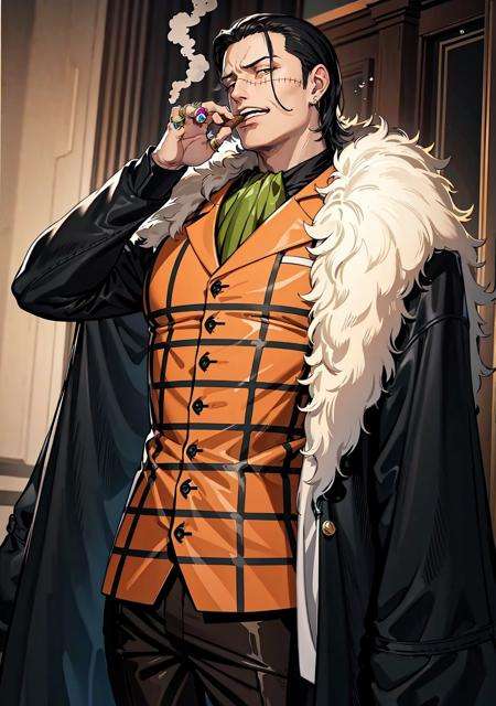 4k, best quality, ultra high res, masterpiece, Crocodile, male, solo, male focus, ascot, coat on shoulders, cigar, smoking, shirt, long sleeves, vest, coat, fur trim, jewelry, earrings, pants, ring, <lora:Crocodile_One_Piece-15:0.7>
