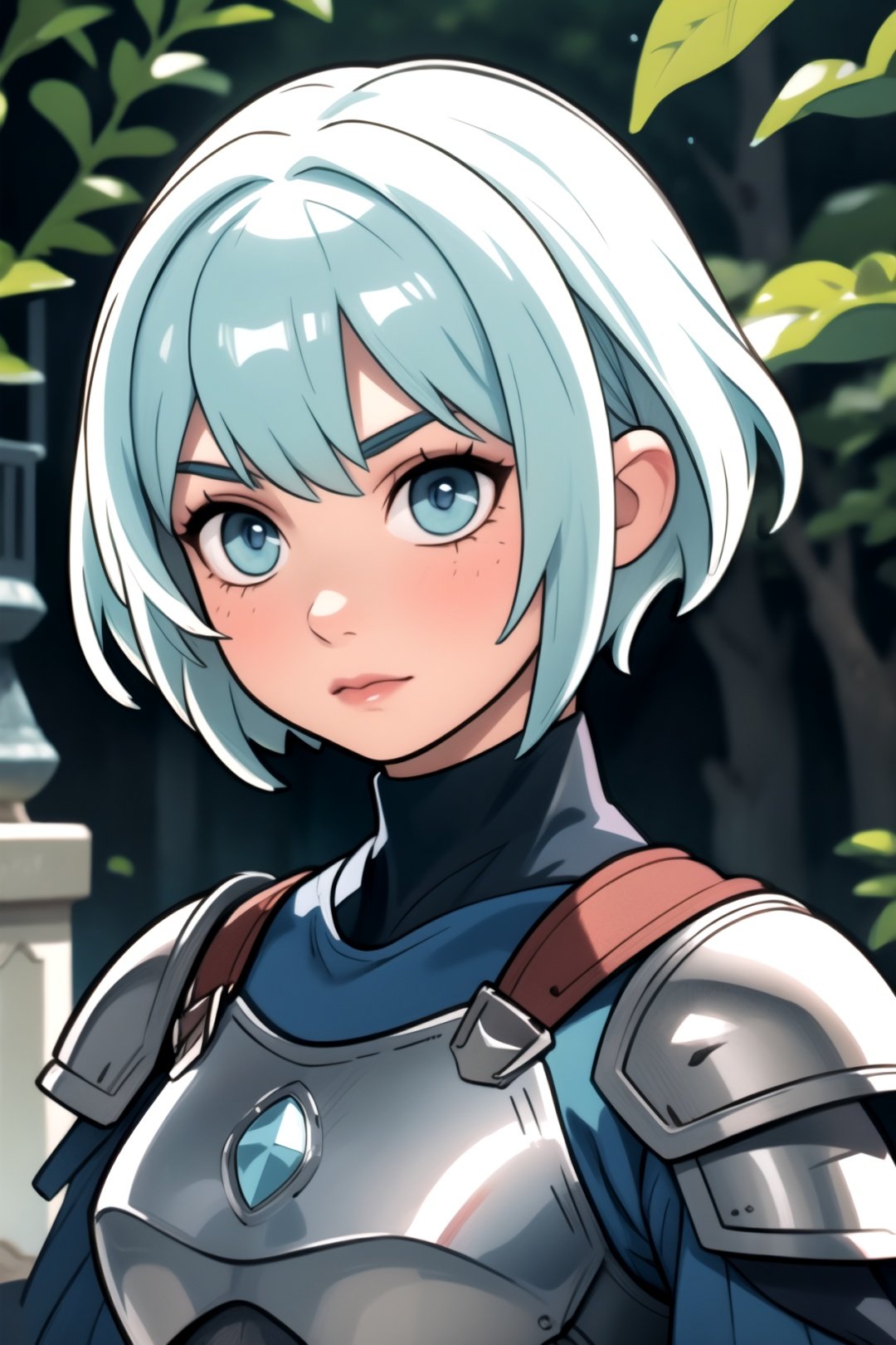 centered, upper body, award winning upper body portrait, (detailed face), (beautiful detailed eyes:1.2), | solo, knight woman, short hair, aqua hair color, light blue eyes, (black knight tight armor), symetrical and detailed armor, | fantasy town, medieval, european street, | bokeh, depht of field, | hyperealistic shadows, smooth detailed, blurred background, |