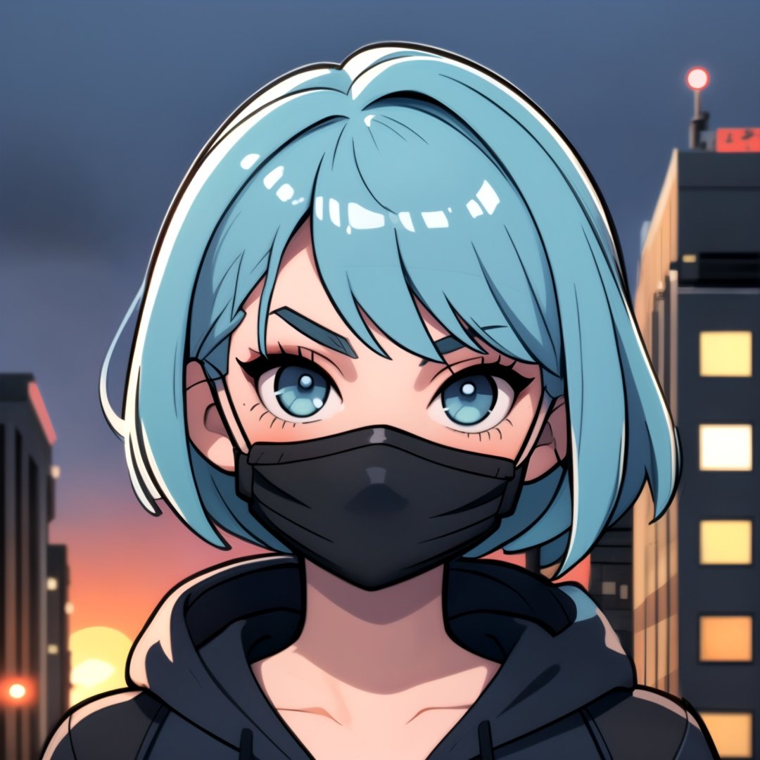 centered, masterpiece, face portrait, (frontal view, looking at front, facing viewer:1.2), | 1girl, solo, aqua hair color, short hairstyle, light blue eyes, | (black mouth mask:1.2), dark blue hoodie, | city lights, sunset, buildings, urban scenery, | bokeh, depth of field,