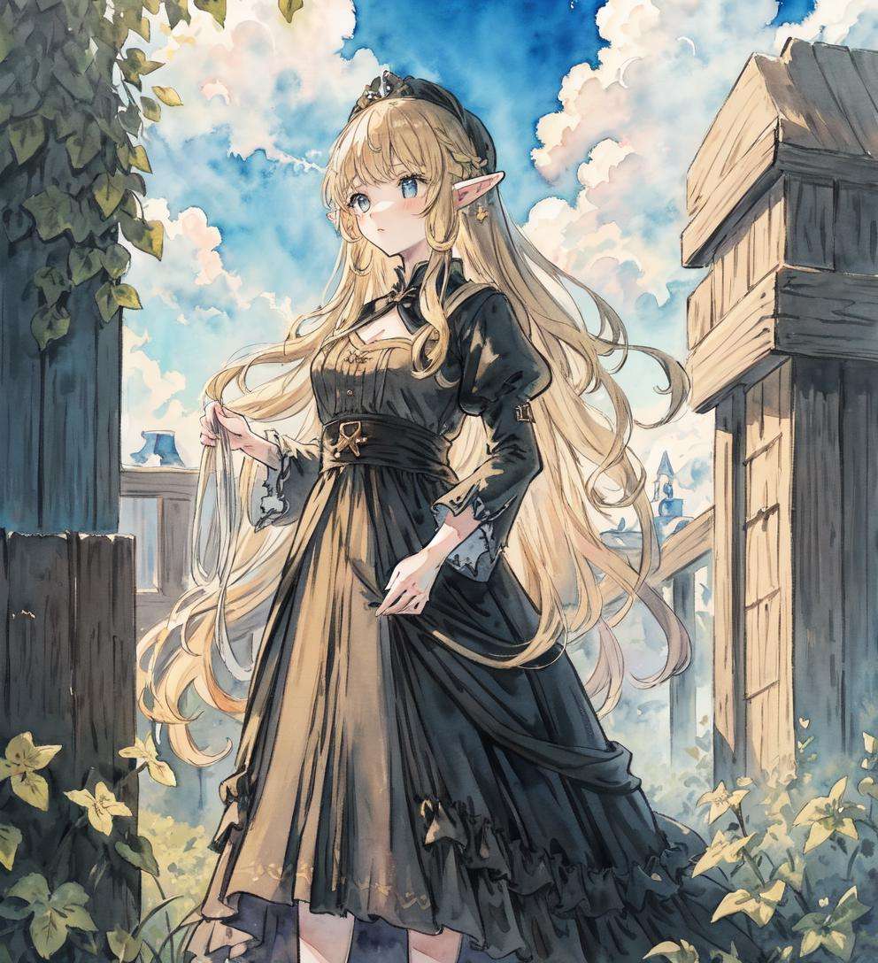 masterpiece,best quality,asterpiece,beautiful,extremely detailed CG unity 8k wallpaper,<lyco:shuicai_littel2:1.5>,1girl,watercolor,Long blonde hair and black dress,Princess,elf,blue sky and white clouds,Outdoor,The warm sunshine,BREAK