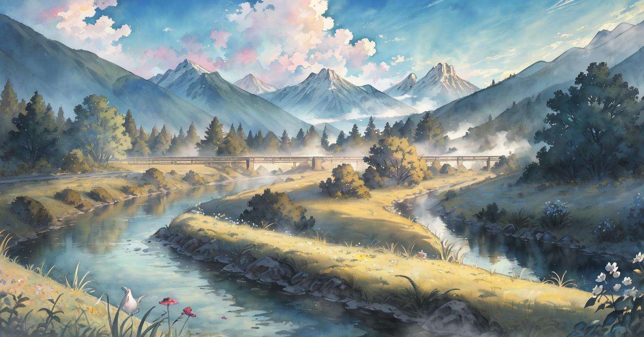 masterpiece,best quality,asterpiece,beautiful,extremely detailed CG unity 8k wallpaper,<lyco:shuicai_littel2:1.5>,watercolor,blue sky and white clouds,Outdoor,The warm sunshine,no humans,Creek,Mist around the mountains,