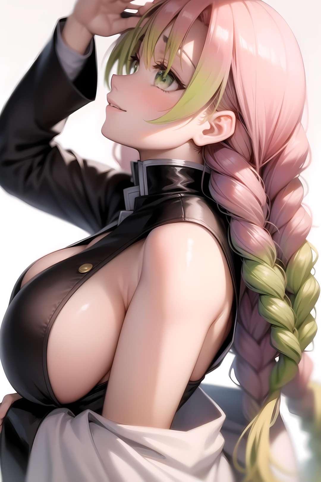 mitsuri(demon slayer), large breasts, upper body, haori, bangs, 1girl,green hair, demon slayer uniform, gradient hair, braid, solo, jacket, multicolored hair, off shoulder, profile, white background, breasts, simple background, smile, green eyes, twin braids, closed mouth, pink hair, japanese clothes, long hair<lora:mitsuri-04:0.8>