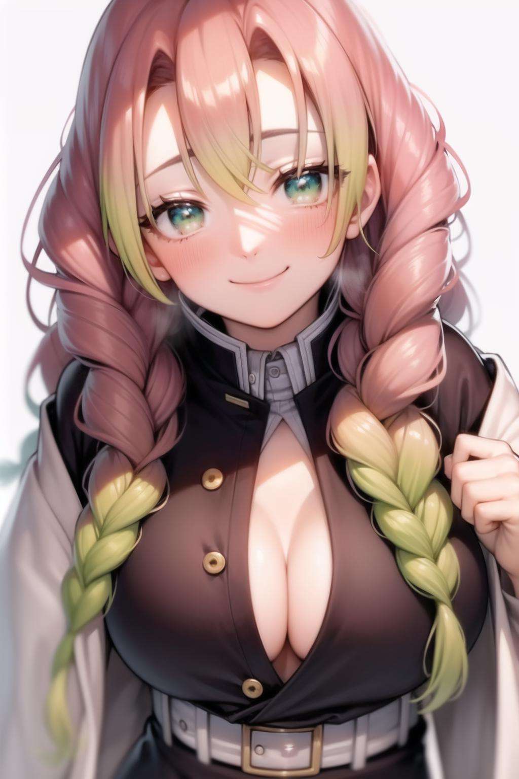 mitsuri(demon slayer), large breasts, upper body, haori, bangs, 1girl,green hair, demon slayer uniform, gradient hair, solo, jacket, multicolored hair,  white background, breasts,smile, green eyes, twin braids, ope mouth,>_<, pink hair, japanese clothes, long hair.portrait, looking at viewers<lora:mitsuri-04:0.8>
