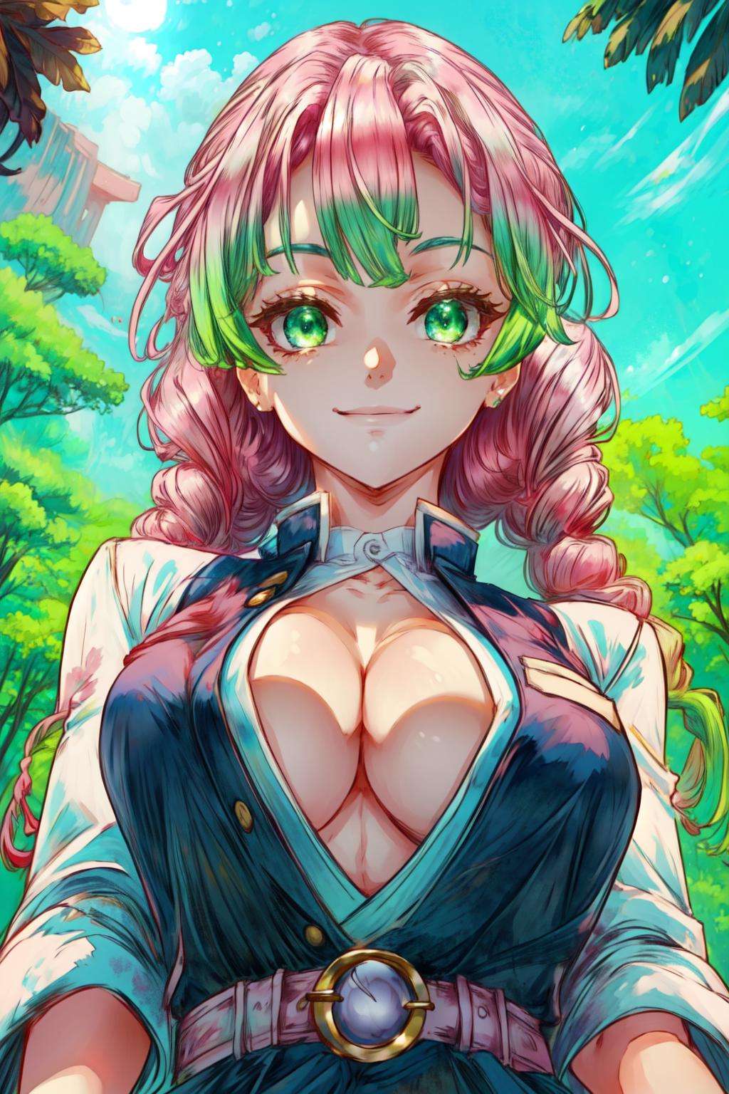 mitsuri(demon slayer), large breasts, upper body, haori, bangs, 1girl, green hair, demon slayer uniform, gradient hair, solo, jacket, multicolored hair, breasts, smile, green eyes, twin braids, pink hair, japanese clothes, long hair, portrait, looking at viewer, moonlight scenery, (from below:1.3) <lora:more_details:0.7>  <lora:mitsuri-v2:0.8>  <lora:cutesexyrobutts_v2:1>  ,csr style