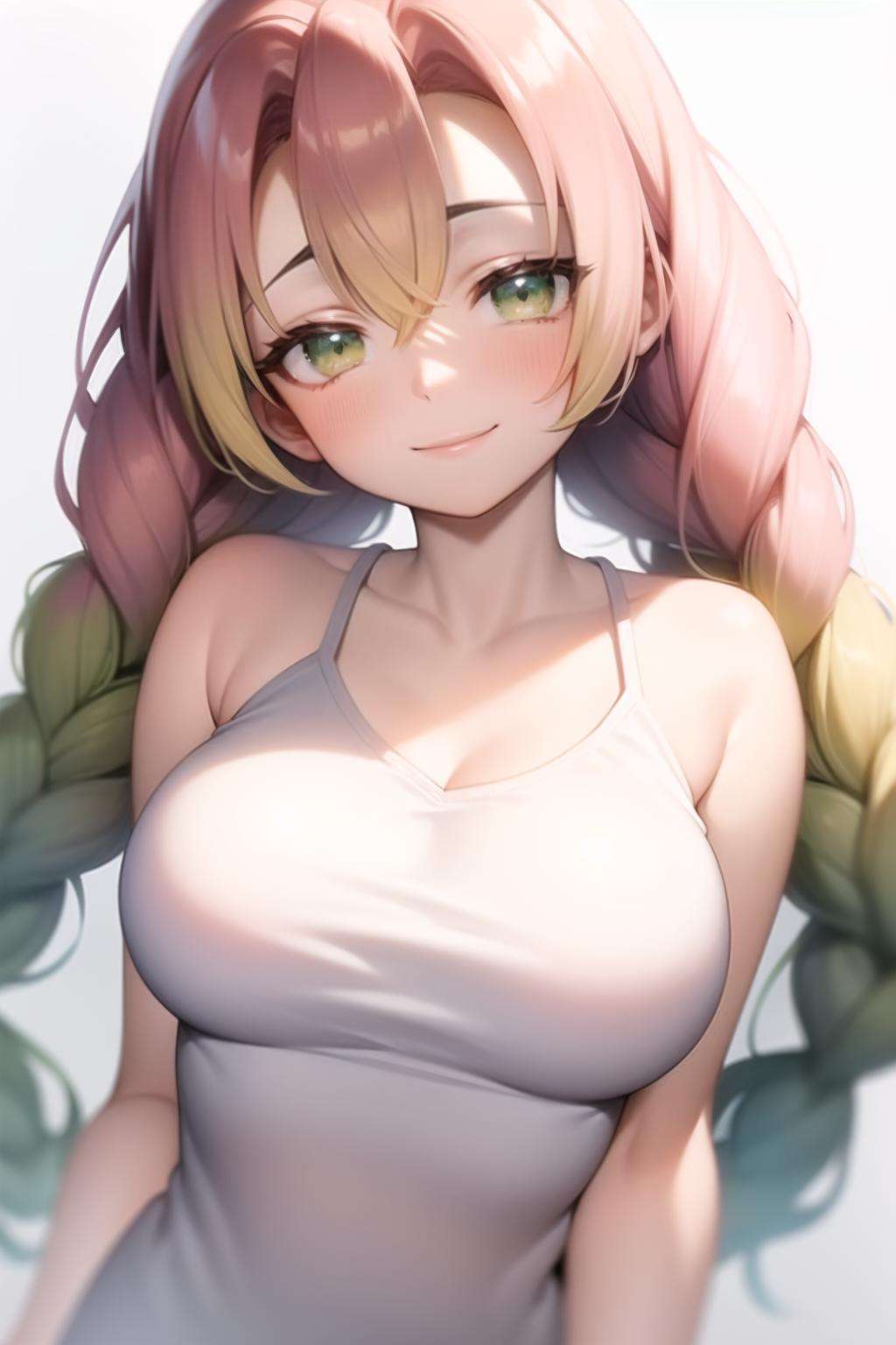 mitsuri(demon slayer), large breasts, upper body, camisole,white dress, bangs, 1girl,green hair, gradient hair, solo,bare shoulder, multicolored hair,  white background,smile, green eyes, twin braids, pink hair,long hair.portrait, looking at viewers,highres<lora:mitsuri-04:0.7>