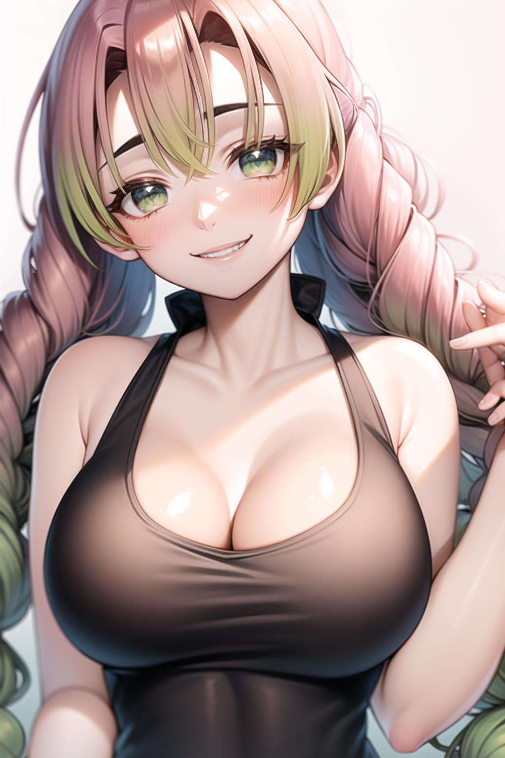 mitsuri(demon slayer), large breasts, upper body, white tank top, bangs, 1girl,green hair, gradient hair, solo,bare shoulder, multicolored hair,  white background,smile, green eyes, twin braids, pink hair,long hair.portrait, looking at viewers,highres,cg, best quality, sharp focus<lora:mitsuri-04:0.6>