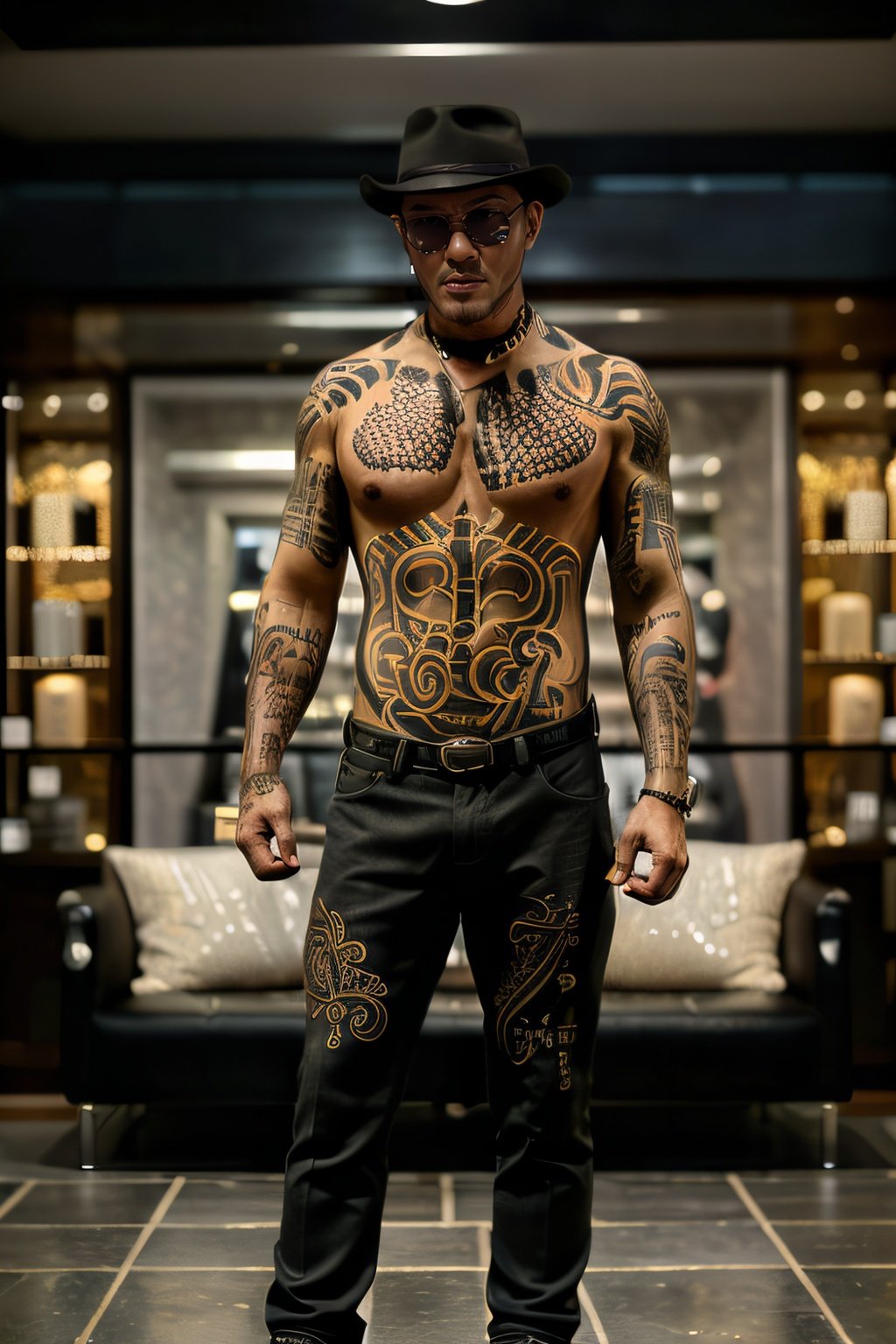 full body gorgeous male dressed in sherlock holmes suit,(wearing Fedora hat),(wearing glasses),gold accessories,(tttattoo, full body, full screen),(full tattoo),((tattoo)), tribal tattoo,gold tattoo line,(tattoo hand),((highly intricate tattoos)), hyper realistic tattoos,,a tattoo artist with blue tattoos and flowers on her skin,standing on baker street, london, attractive, flirting, (((full body visible))), looking at viewer, portrait, photography, detailed skin, realistic, photo-realistic, 8k, highly detailed, full length frame, High detail RAW color art, piercing, diffused soft lighting, shallow depth of field, sharp focus, hyperrealism, cinematic lighting, <lora:ded1_v1-000003:0.8>, <lora:tttattoo_20230627140317:0.8>