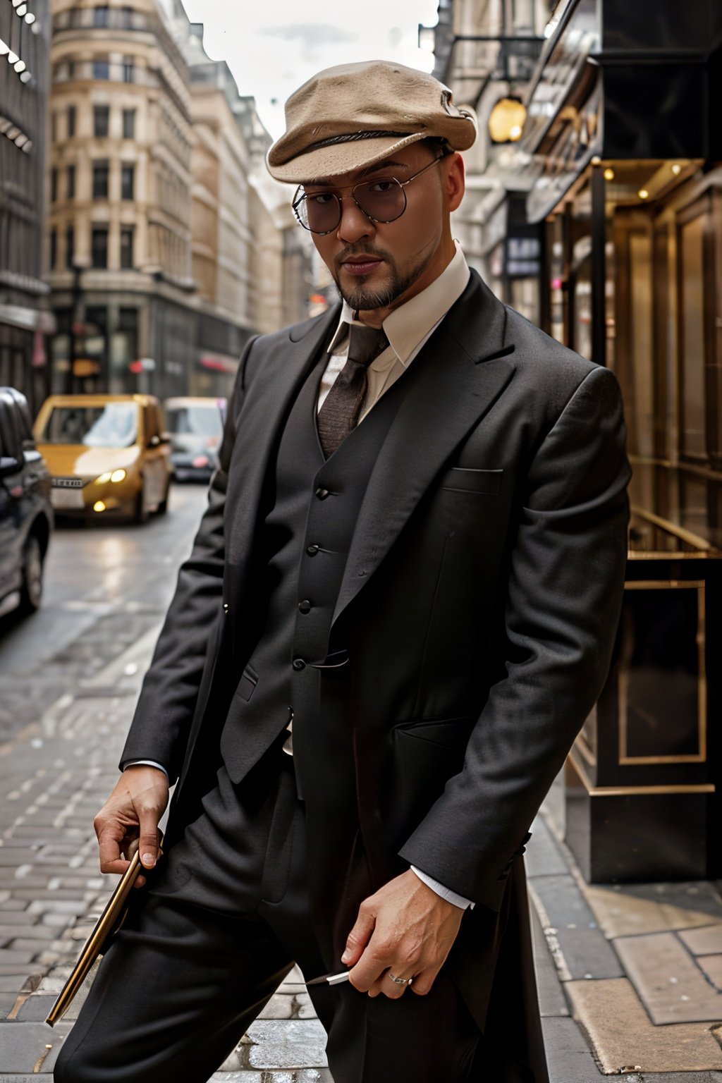 gorgeous male dressed in sherlock holmes suit, (wearing hat),(wearing glasses),gold accessories,standing on baker street, london, attractive, flirting, (((full body visible))), looking at viewer, portrait, photography, detailed skin, realistic, photo-realistic, 8k, highly detailed, full length frame, High detail RAW color art, piercing, diffused soft lighting, shallow depth of field, sharp focus, hyperrealism, cinematic lighting, <lora:ded1_v1-000003:1>