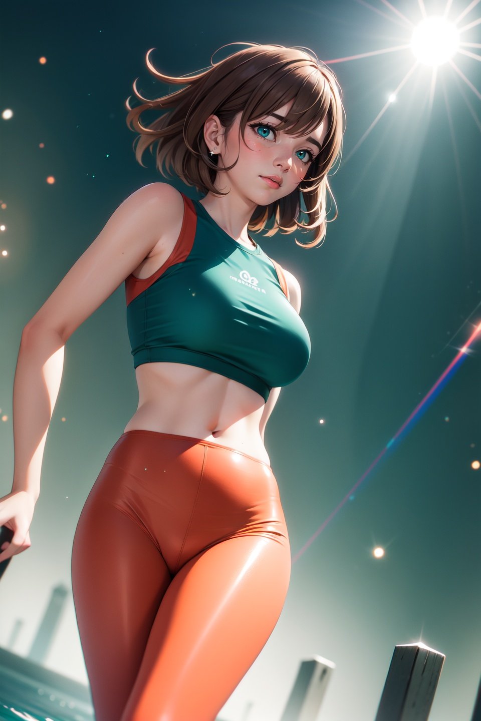 (realistic:1.2), (masterpiece, best quality, ultra-detailed), (beautiful detailed face, beautiful detailed eyes, volumetric lighting),1girl, solo, (dutch angle:1.3),(light brown hair, coral eyes:1.4), large breasts, hair flaps hair,(red leggings, teal crop top:1.2), beautiful, mksks style, (beautiful detailed creek, noon:1.2), (light particles, lens flare, chromatic aberration:1.3),