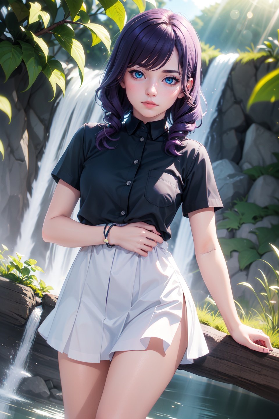 (realistic:1.2), (masterpiece, best quality, ultra-detailed), (beautiful detailed face, beautiful detailed eyes, volumetric lighting),1girl, solo, cowboy shot, (dutch angle:1.2),twin drills hair, purple hair, (aquamarine eyes:1.1), flat chest,beautiful, black tailored, aquamarine shirt,mksks style, (beautiful waterfall at  afternoon:1.2), (lens flare, chromatic aberration:1.3),