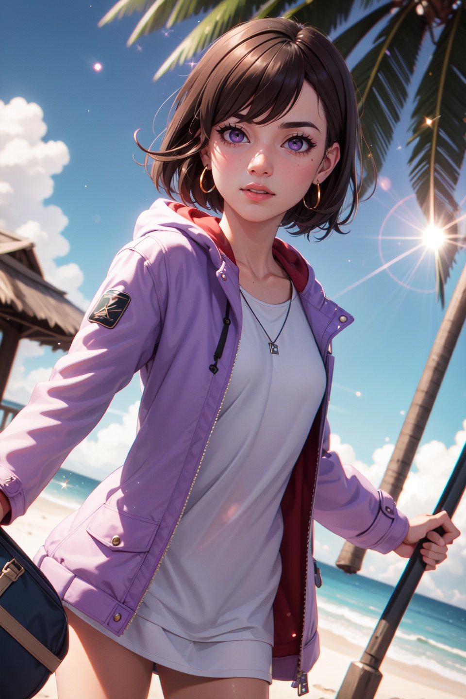 (realistic:1.2), (masterpiece, best quality, ultra-detailed), (beautiful detailed face, beautiful detailed eyes, volumetric lighting),1girl, solo, (dutch angle:1.3),(dark brown hair, purple eyes:1.4), small breasts, wedge cut hair,(pink beachwear, brown duffel coat:1.2), hoop earrings,mksks style, (beautiful detailed mossland, afternoon:1.2), (light particles, lens flare, chromatic aberration:1.3),