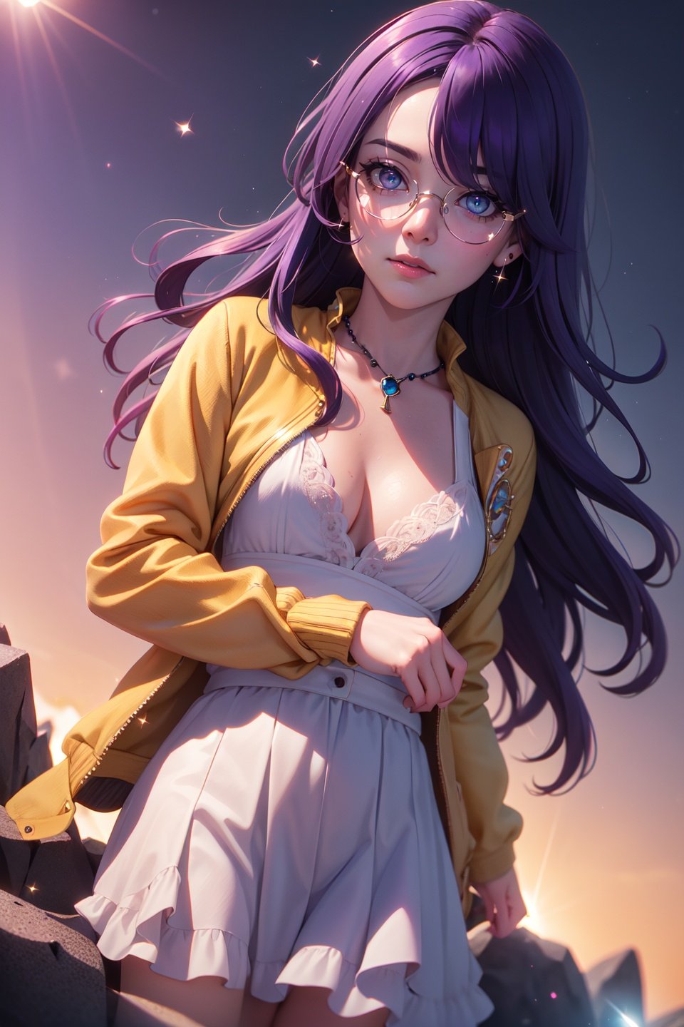 (realistic:1.2), (masterpiece, best quality, ultra-detailed), (beautiful detailed face, beautiful detailed eyes, volumetric lighting),1girl, solo, (dutch angle:1.3),(purple hair, Sapphire eyes:1.4), small breasts, layered hair hair,(peach beaded, peach jacket:1.2), monocle,mksks style, (beautiful detailed rock, night:1.2), (light particles, lens flare, chromatic aberration:1.3),