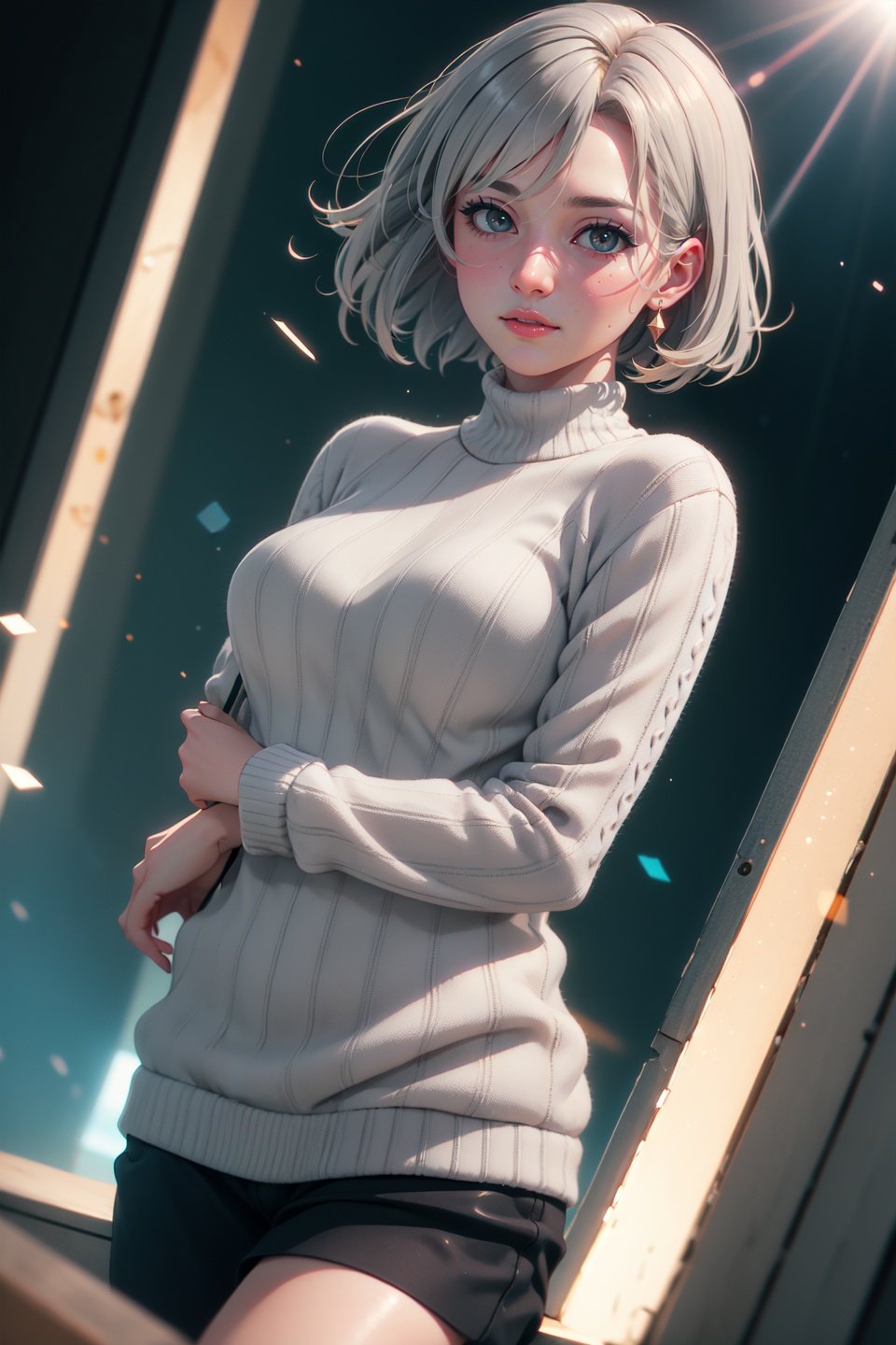 (realistic:1.2), (masterpiece, best quality, ultra-detailed), (beautiful detailed face, beautiful detailed eyes, volumetric lighting),1girl, solo, (dutch angle:1.3),(gray hair, peach eyes:1.4), large breasts, choppy bob hair,(Sapphire casual wear, aquamarine sweater:1.2), hair ornament,mksks style, (beautiful detailed mesa, noon:1.2), (light particles, lens flare, chromatic aberration:1.3),