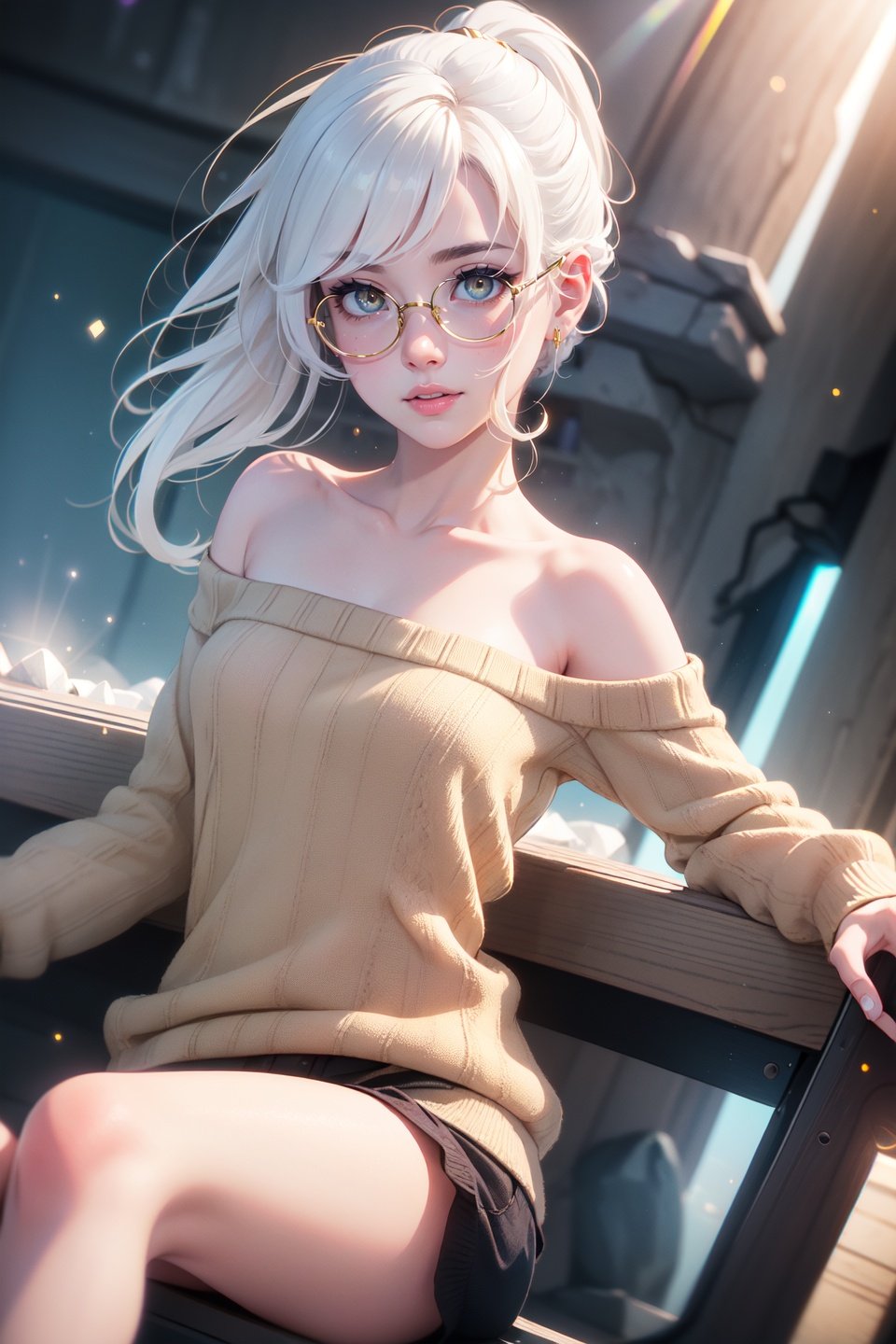 (realistic:1.2), (masterpiece, best quality, ultra-detailed), (beautiful detailed face, beautiful detailed eyes, volumetric lighting),1girl, solo, (dutch angle:1.3),(white hair, gold eyes:1.4), flat chest, ponytail hair,(dark brown sweater, yellow tube top:1.2), glasses,mksks style, (beautiful detailed rock, morning:1.2), (light particles, lens flare, chromatic aberration:1.3),